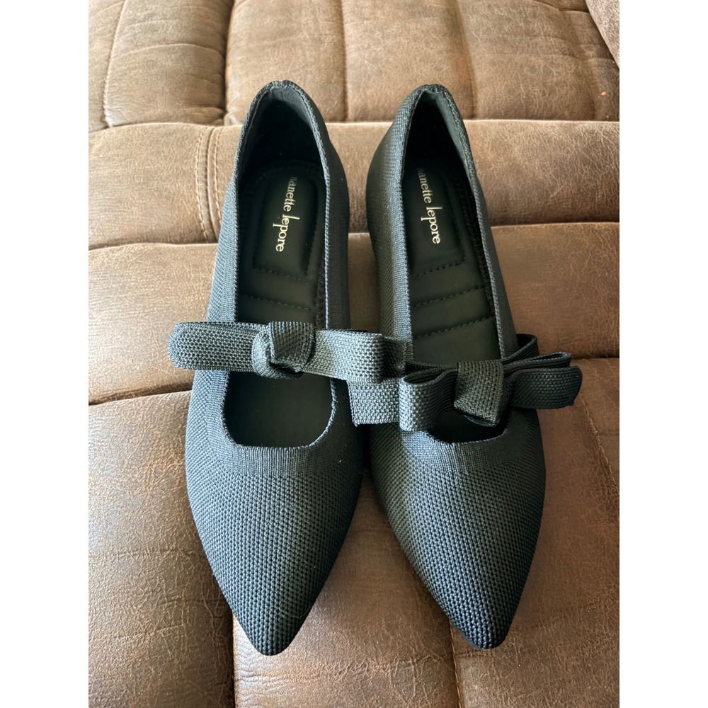 Nanette Lepore Womens Black Knit Pointed Toe Bow Flats Size 9